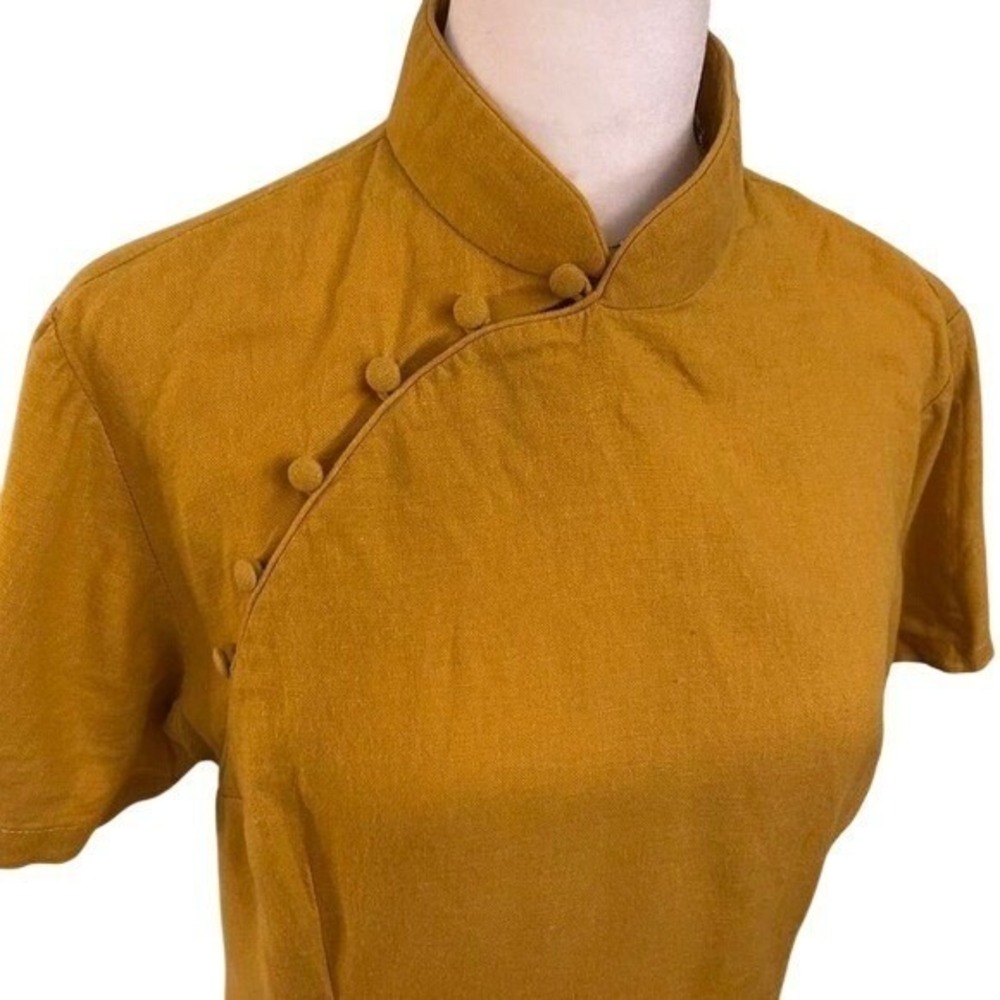 Mandarin Collar Linen Blend Tunic Top Mustard Yellow‎ Side Button M